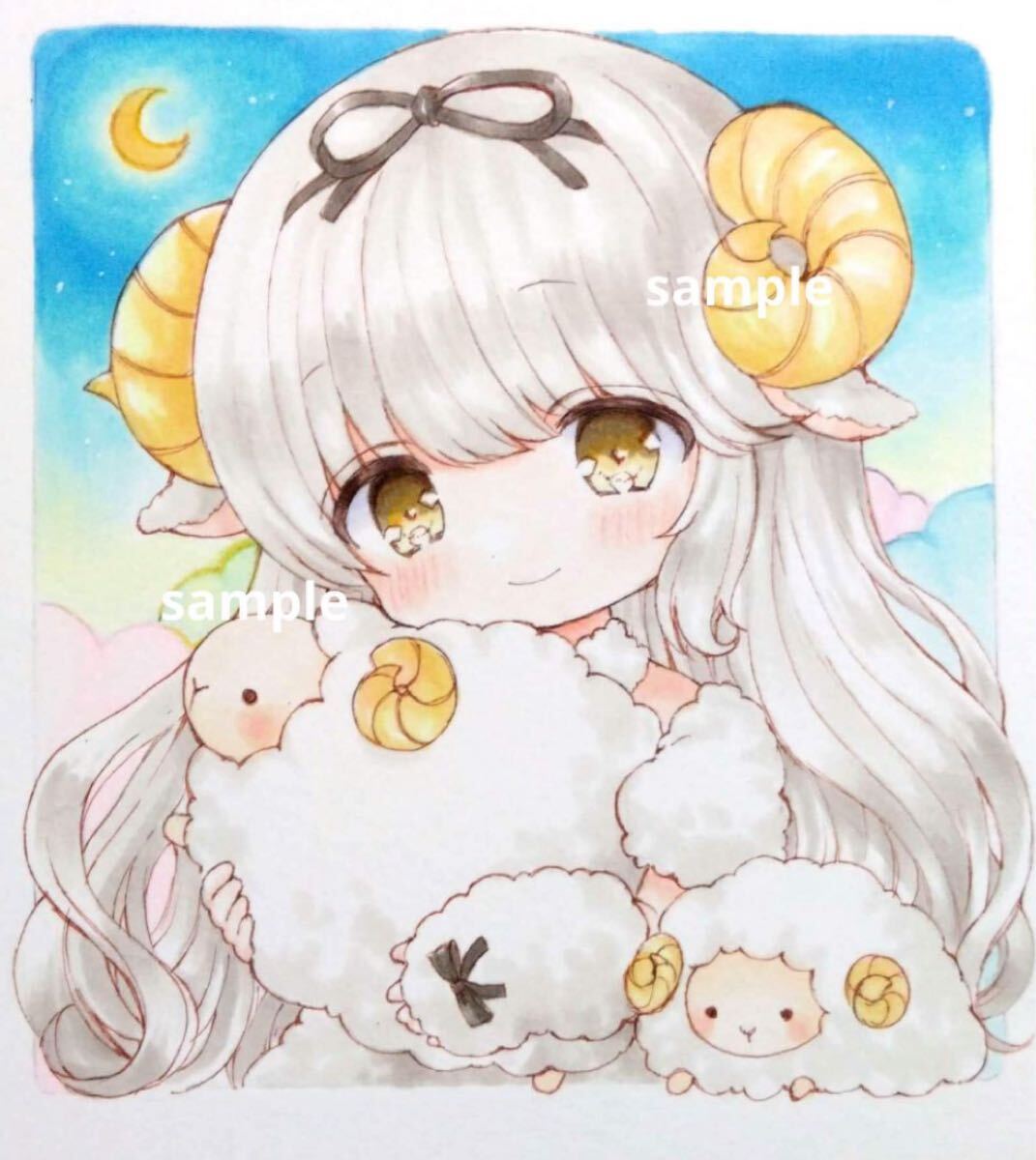 手描きイラスト オリジナルイラスト 創作 羊 女の子 コピック 小色紙
