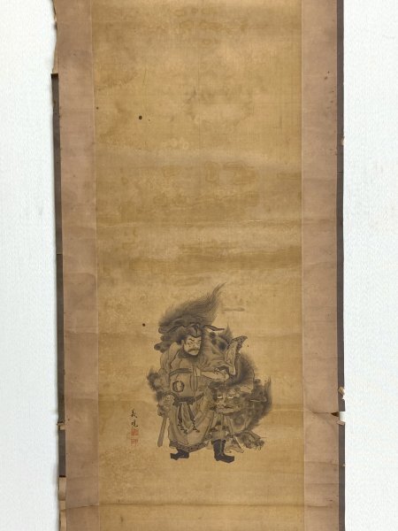 模写】義暁 桂華落款「鐘馗」絹本 合箱 鐘鬼 獅子 唐獅子 日本画 茶掛