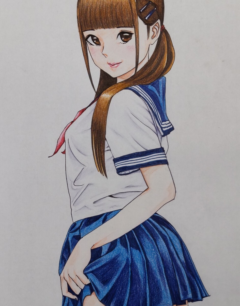 手描きイラスト A4サイズ 色鉛筆画 制服 セーラー服 女の子 プリーツ