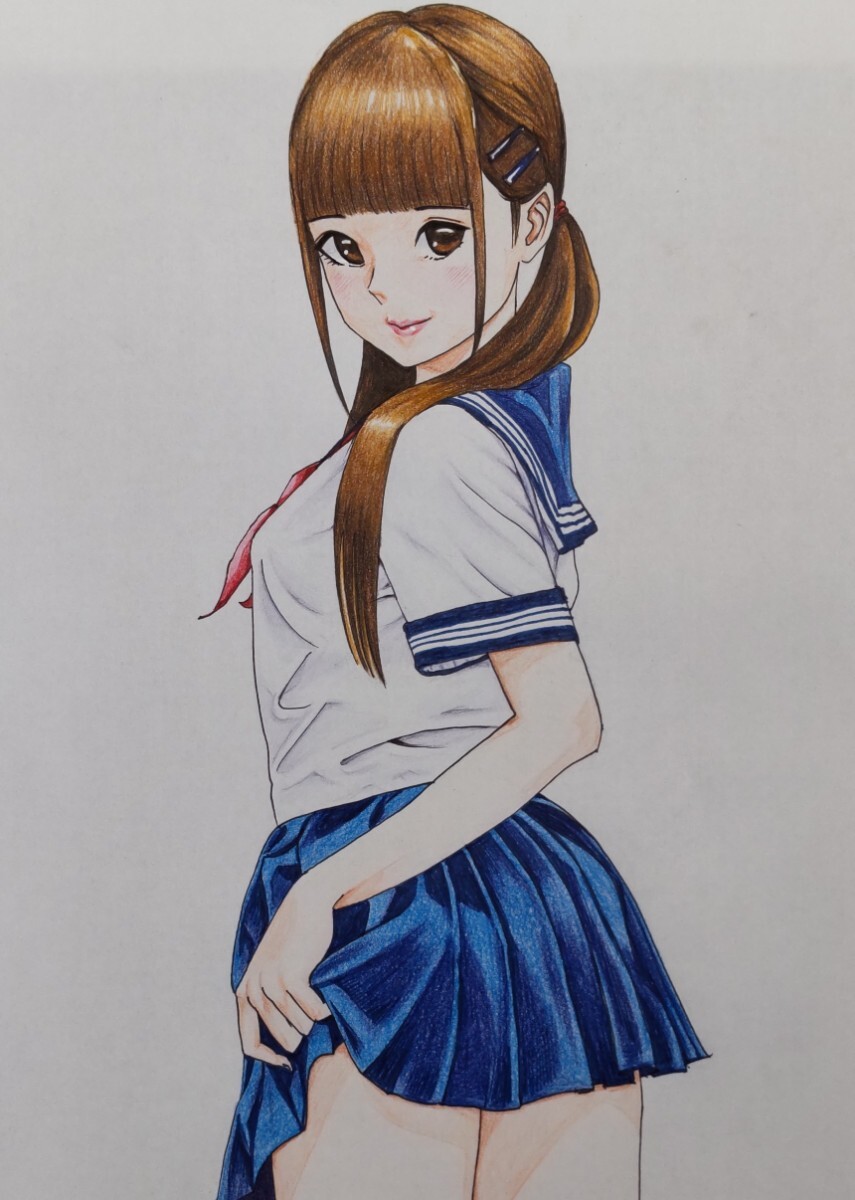手描きイラスト A4サイズ 色鉛筆画 制服 セーラー服 女の子 プリーツ