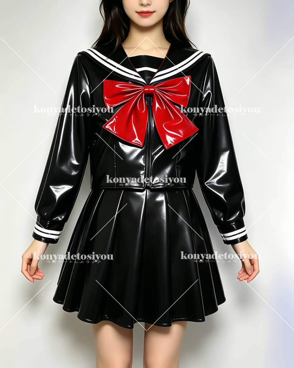 エナメル制服　しばむー 26111黒&赤2XL 超光沢 両面エナメル セーラー服 コスプレ JK 学生制服