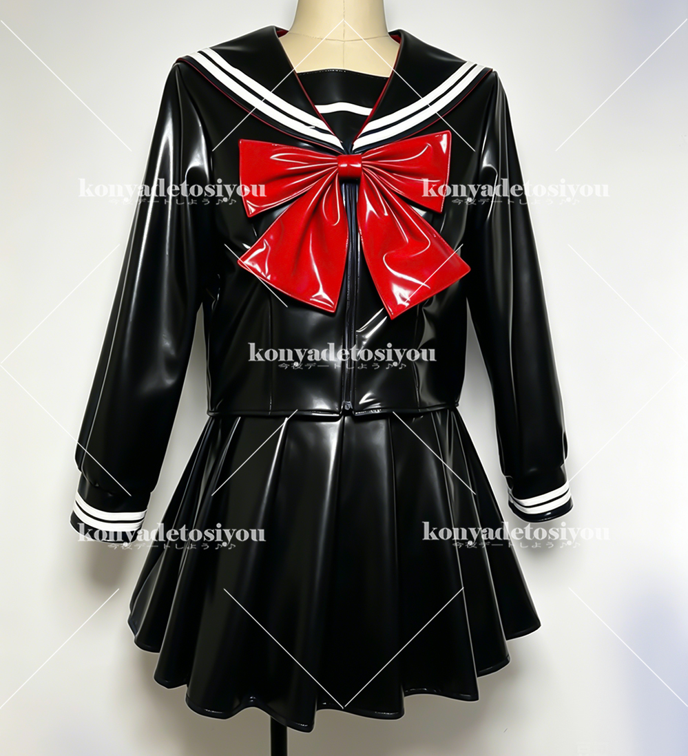 26111黒&赤2XL 超光沢 両面エナメル セーラー服 コスプレ JK 学生制服
