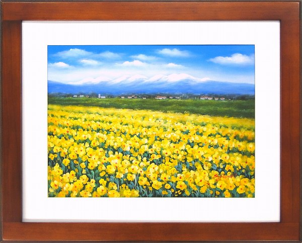 ◎流月真一『水仙と飯豊山 （F6号）』油絵☆風景画【新品】(自然、風景