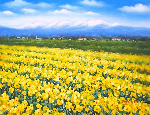 ◎流月真一『水仙と飯豊山 （F6号）』油絵☆風景画【新品】(自然、風景