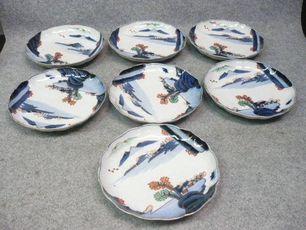 7791 山水風景図　伊万里錦出焼物皿　7枚 【文】