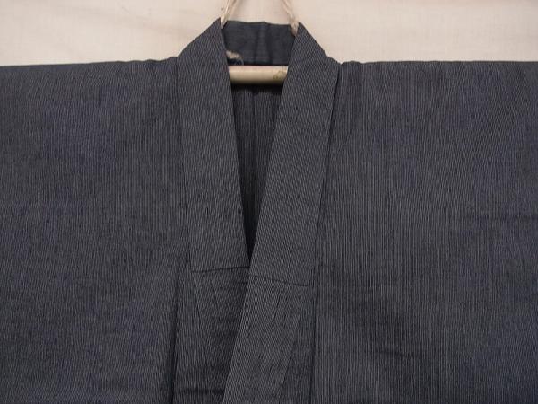 J00142 着物26 男物 紬 単衣 縦縞文 白/紺鼠色系 和装