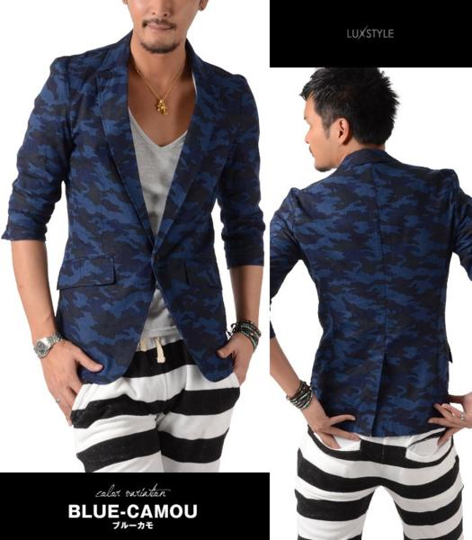 ☆3648-ブルーカモ-L○♪新品 綿麻 カモフラ 6分袖 ジャケット★