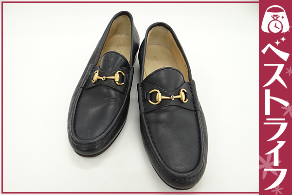 1円 本物 美品 グッチ レザー ビットローファー ネイビー系