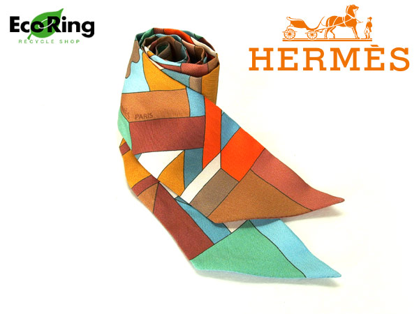 1円 エルメス ツイリー シルク スカーフ ブルー×ブラウン CG842