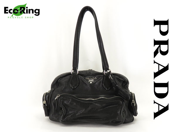 1円 プラダ レザー ショルダーバッグ 黒 ネームタグ付 DY287
