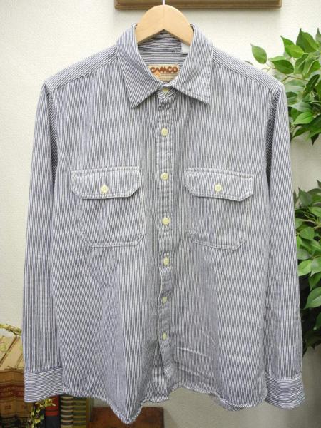 CAMCO 爽やか シンプル ヒッコリー ワーク シャツ 青 白M