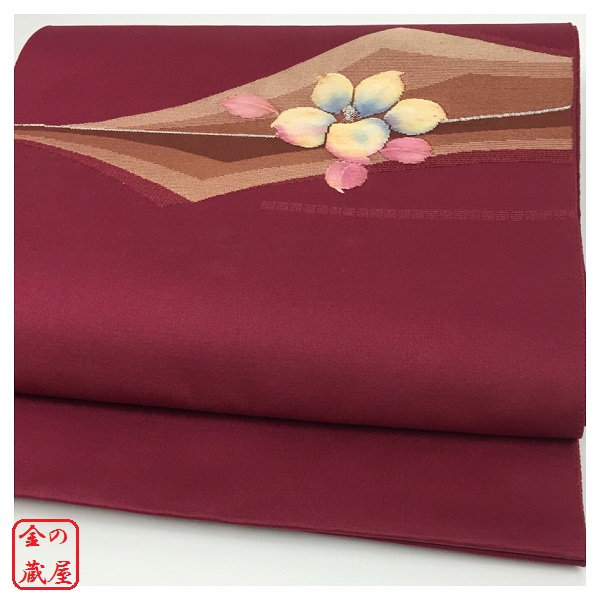 金の蔵屋 正絹 袋名古屋帯 真紅色 花柄　美品