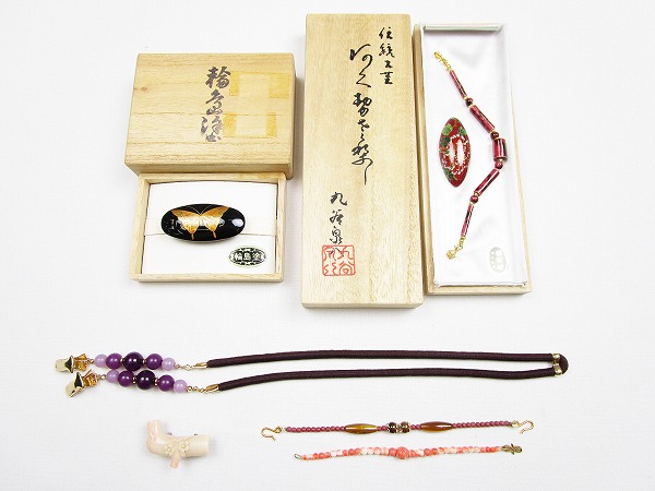 ★特選★羽織紐・帯留め等５点セット 輪島塗 珊瑚 九谷焼 a1459