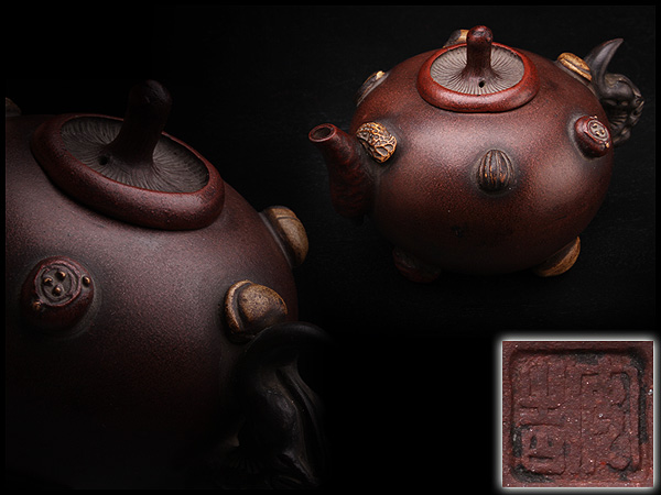 NK719 【安吉】銘 紫砂百果壺・紫砂壺☆中国古玩煎茶具茶壷茶壺