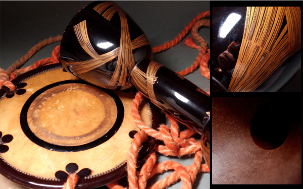 慶應◆江戸時代 古作和楽器 束熨斗蒔絵鼓胴 皮・調べ緒 目録付