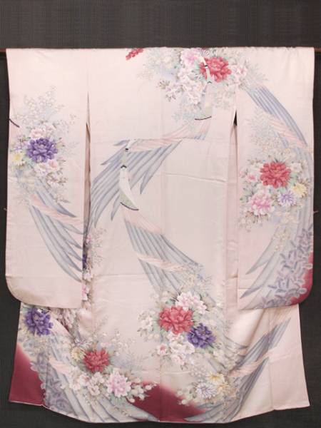 鳳凰に草花文 綸子 振袖 丈161　TAEK01010風楽