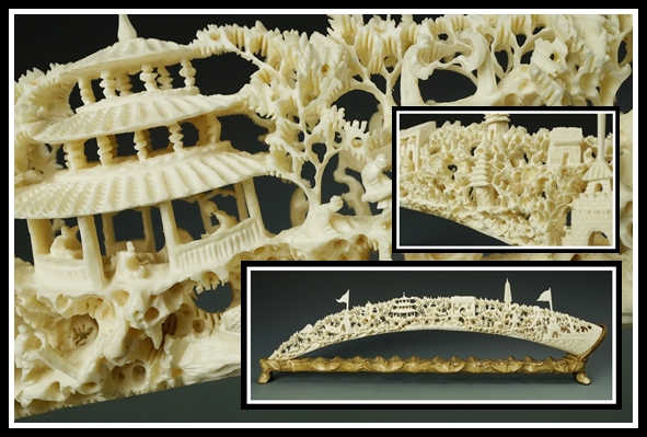 爆買い，セール 【蔵】名人細密彫刻 本象牙 透楼閣山水彫 70.5cm ブリッジ
