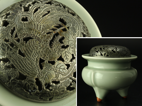 【琴》古美術品 青磁袴腰三足香炉 銅火屋付 初だし品 IAC947