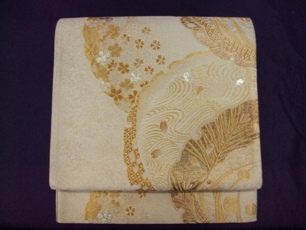 新品 特価 御仕立て上り 西陣礼装用袋帯 1026 ベージュ金雪輪柄