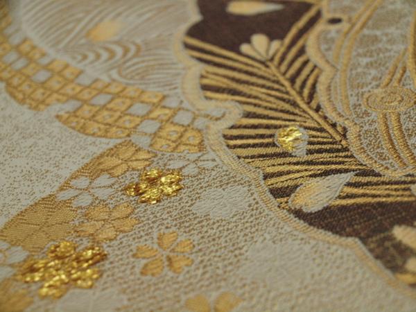 新品 特価 御仕立て上り 西陣礼装用袋帯 1026 ベージュ金雪輪柄