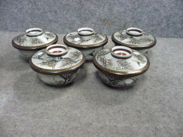 16620 加賀九谷 色絵 蒸茶碗【文】 5個 梅にウグイス