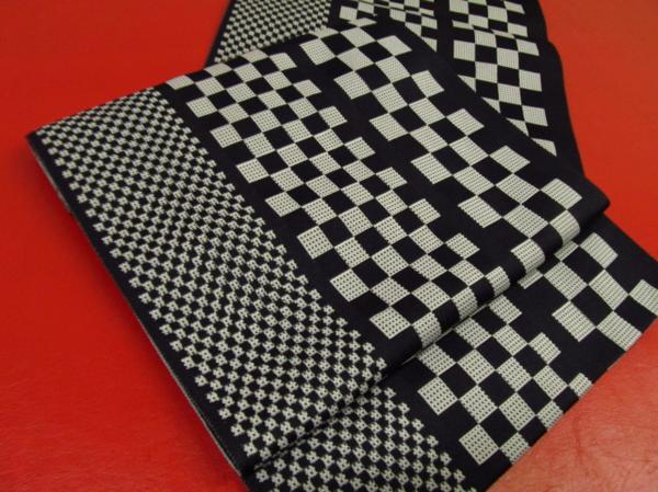 ★着物10★ 1円 化繊 市松 名古屋帯 ☆☆