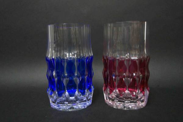 【閑寂堂】旧家蔵 色被ビアグラス２色セット 美品■