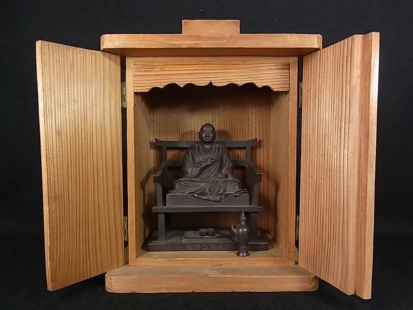 董芸】高野山 奥之院 刻印 銅製 弘法大師像 空海 木製厨子 高野山 奥の院