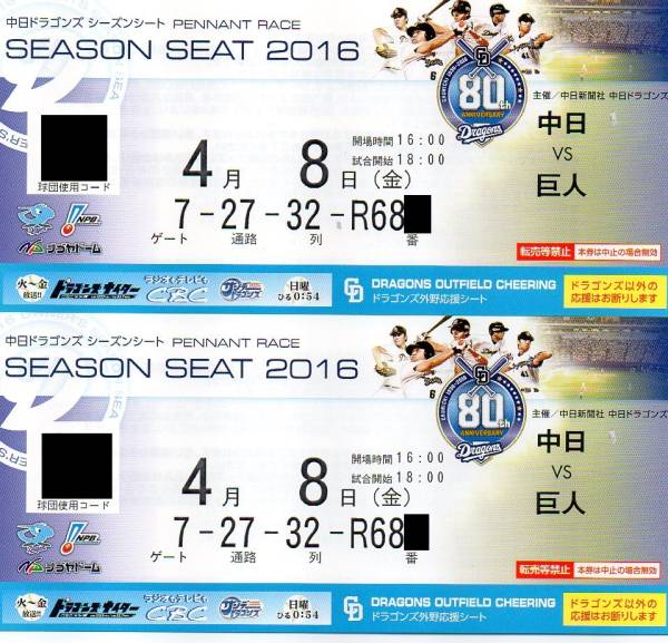4/8 ナゴヤドーム 中日vs巨人 ドラゴンズ外野応援 2枚