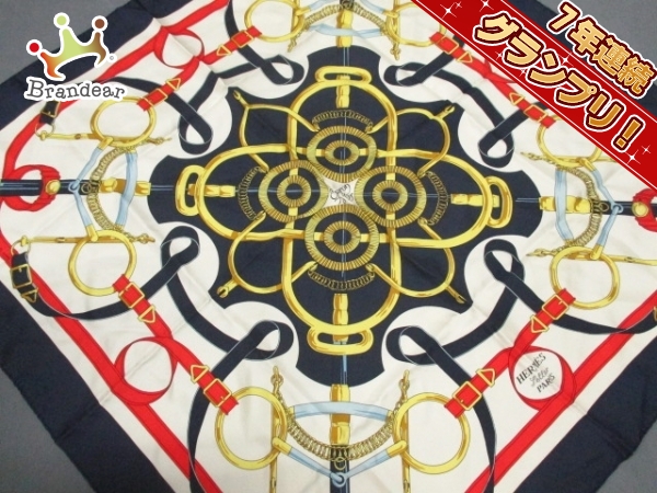 エルメス スカーフ 美品 カレ 白×ネイビー×イエロー HERMES