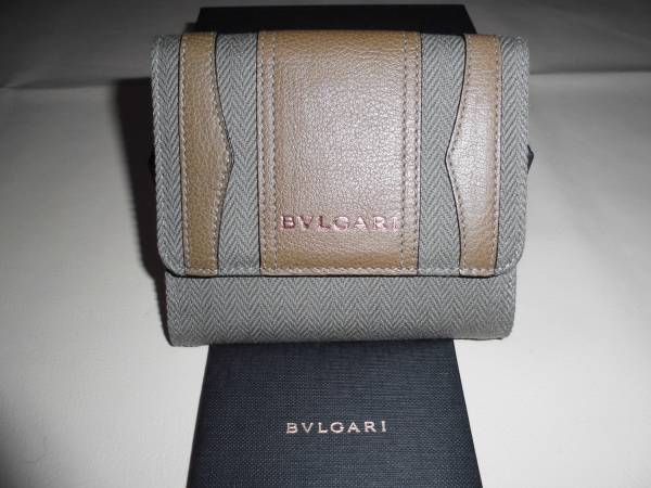 新品”BVLGARI ブルガリ高級牛革＋キャンバス地の三折財布”正規