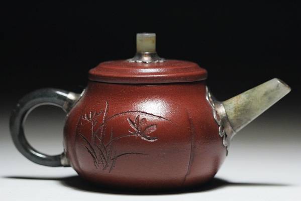 【三渓堂】Z879 茶道具 清時代名家逸公製 玉象嵌朱泥急須 13cm