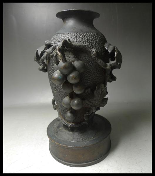 緑屋*亀■古銅製*無銘 葡萄文 立壷 花器花瓶花入/木箱付*6