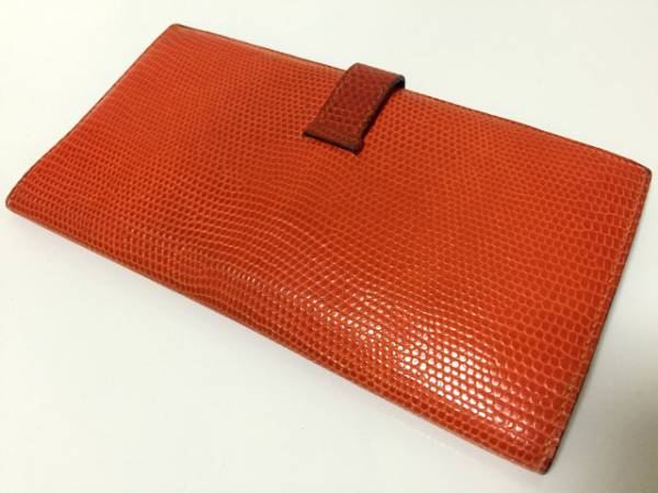 送料無料 素敵☆HERMES エルメス ベアン リザード 二つ折り 長財布 □I 