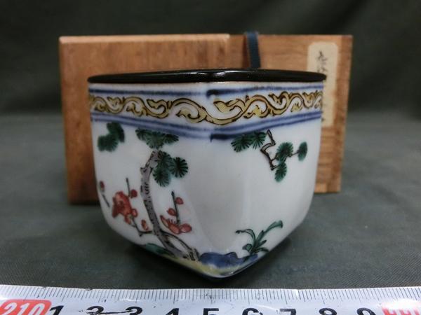 A11918 古九谷 角福 色絵松竹梅文 黒柿蓋 茶器 茶道具