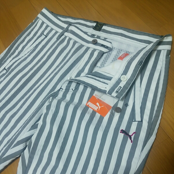 新品未使用プーマゴルフPUMAGOLFメンズストライプパンツ白灰W79