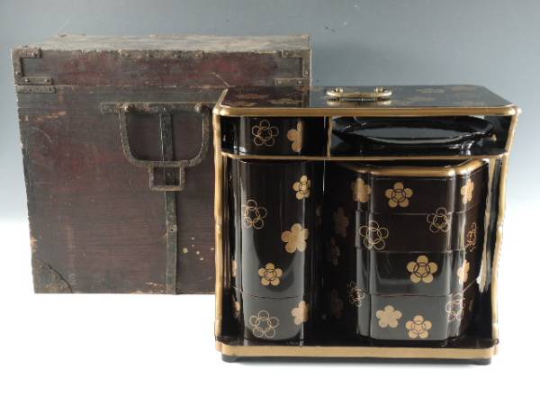 ◆栄◆時代 輪島 金蒔絵 梅花 古金具 木製 野弁当 時代箱 13s156