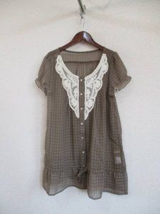 ESTACOT茶チェック半袖シフォンチュニック（USED）42016)