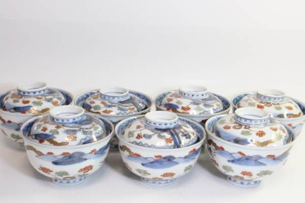 f-3932　古伊万里　色絵　春長富貴　蓋付小鉢7客セット