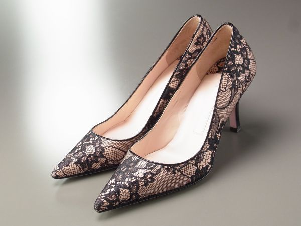 D633*レベッカテイラー*刺繍レース/レザーヒールパンプス/22.5