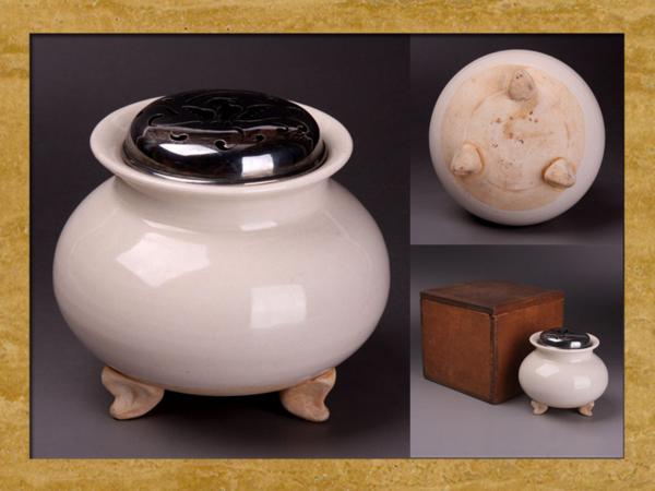 【財宝中国】古時代品 唐物白磁三つ足香炉 純銀火屋ｋ