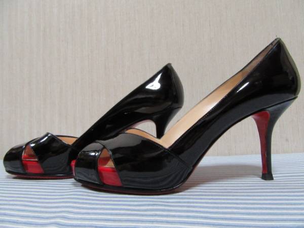 ☆クリスチャンルブタン オープントゥ エナメル パンプス 37　黒