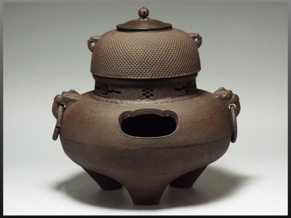 金属製 茶釜 霰模様 茶道 華道 環付き 風炉 金属製 茶釜 霰模様 茶道