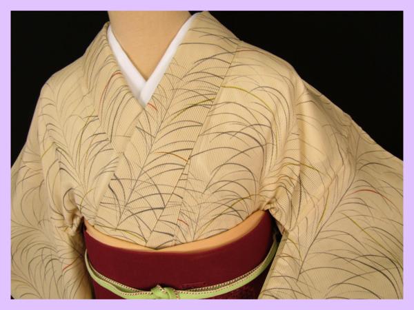 ◇衣紋屋◇0676 【1円～】夏着物 竪絽 ススキ文様 正絹 枯色 *** 小紋