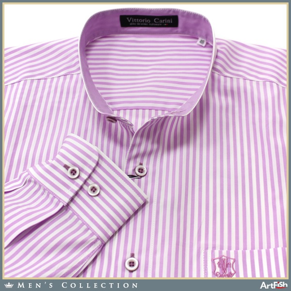 1円Carini【伊】白紫ストライプ日本製 スタンド シャツg412*s46