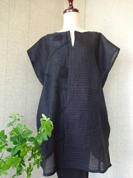 ★着物リメイク/麻・フレンチ袖のチュニック/ハンドメイド★