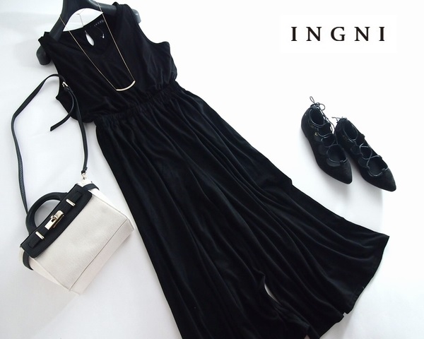 INGNIイング■Vネックガウチョオールインワン黒