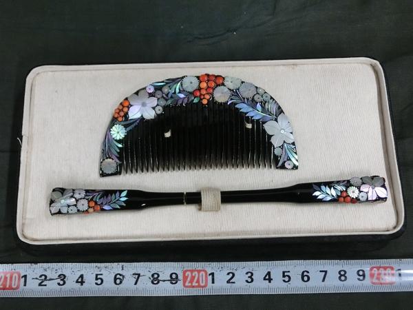 A18916 戦前芝山細工 珊瑚・貝象嵌 櫛笄セット 25g