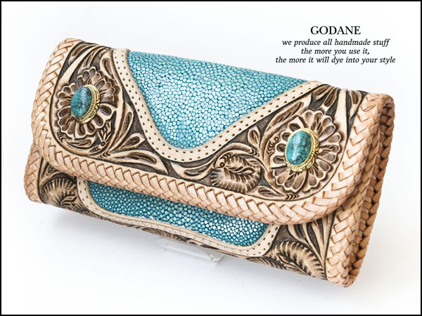 Outlet ゴダン ハンドメイドカービング エイ革 長財布816sgBL/TQ