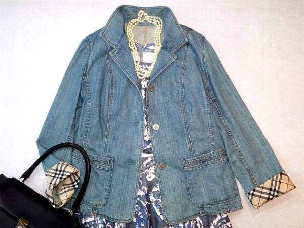 □バーバリー大きいサイズ46ノバチェック袖デニムジャケット□ 美品 
